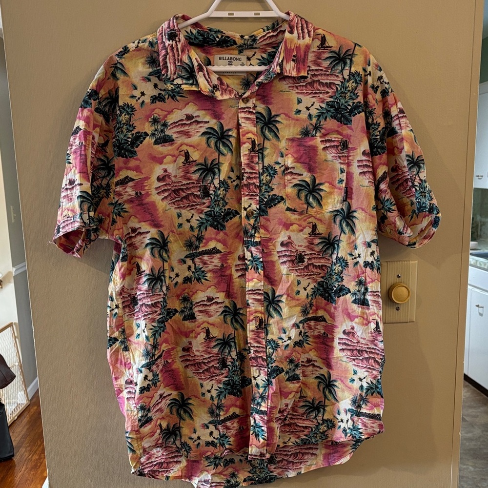 Billabong Men's Tropical Print Shirt - Pink and Yellow